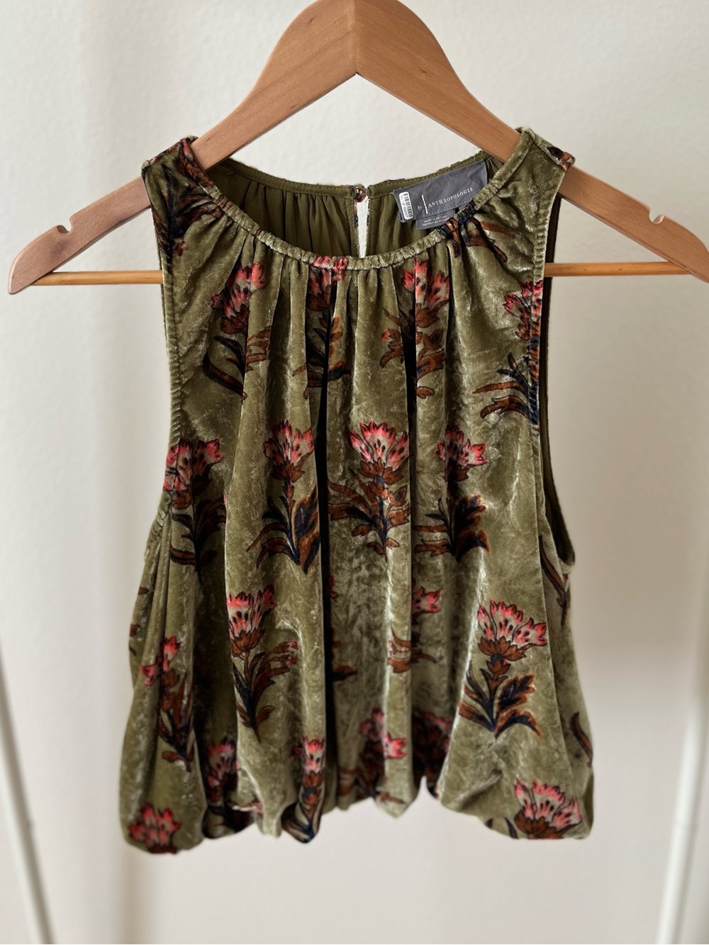 Anthropologie Olive Green Velvet Floral Bubble Top